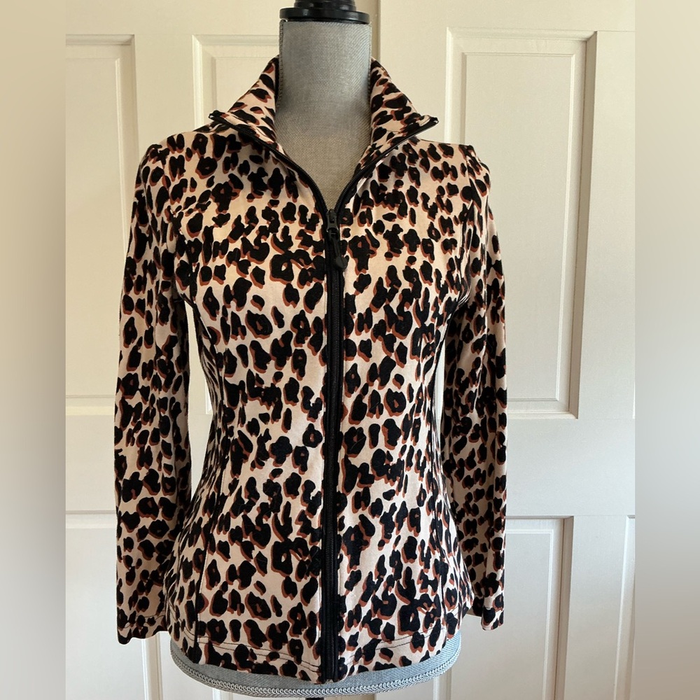 Jones New York Beige and Black Leopard Zip-Front Bomber Jacket
